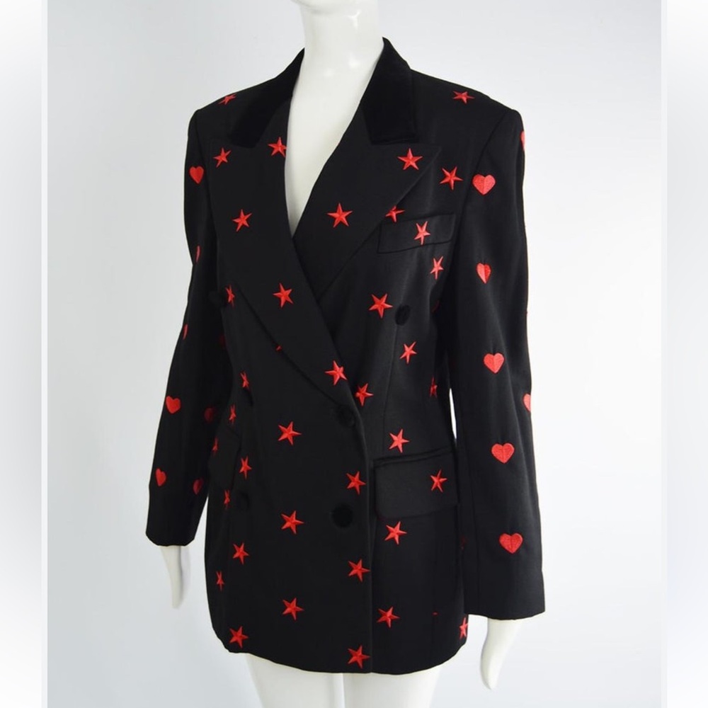 Escada Vintage Love Heart, Star & Bowtie Embroidered Women’s Black Blazer, 80s - Picture 7 of 16